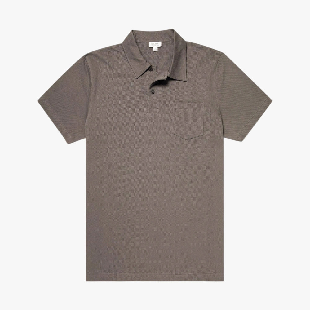 Front view of the Sunspel Riviera Polo Shirt in bark featuring a clean tailored silhouette and lightweight cotton mesh construction.
