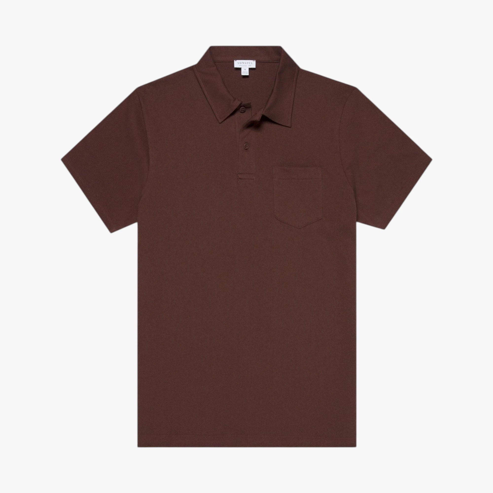 Front view of the Sunspel Riviera Polo Shirt in bakelite featuring a clean tailored silhouette and lightweight cotton mesh construction.
