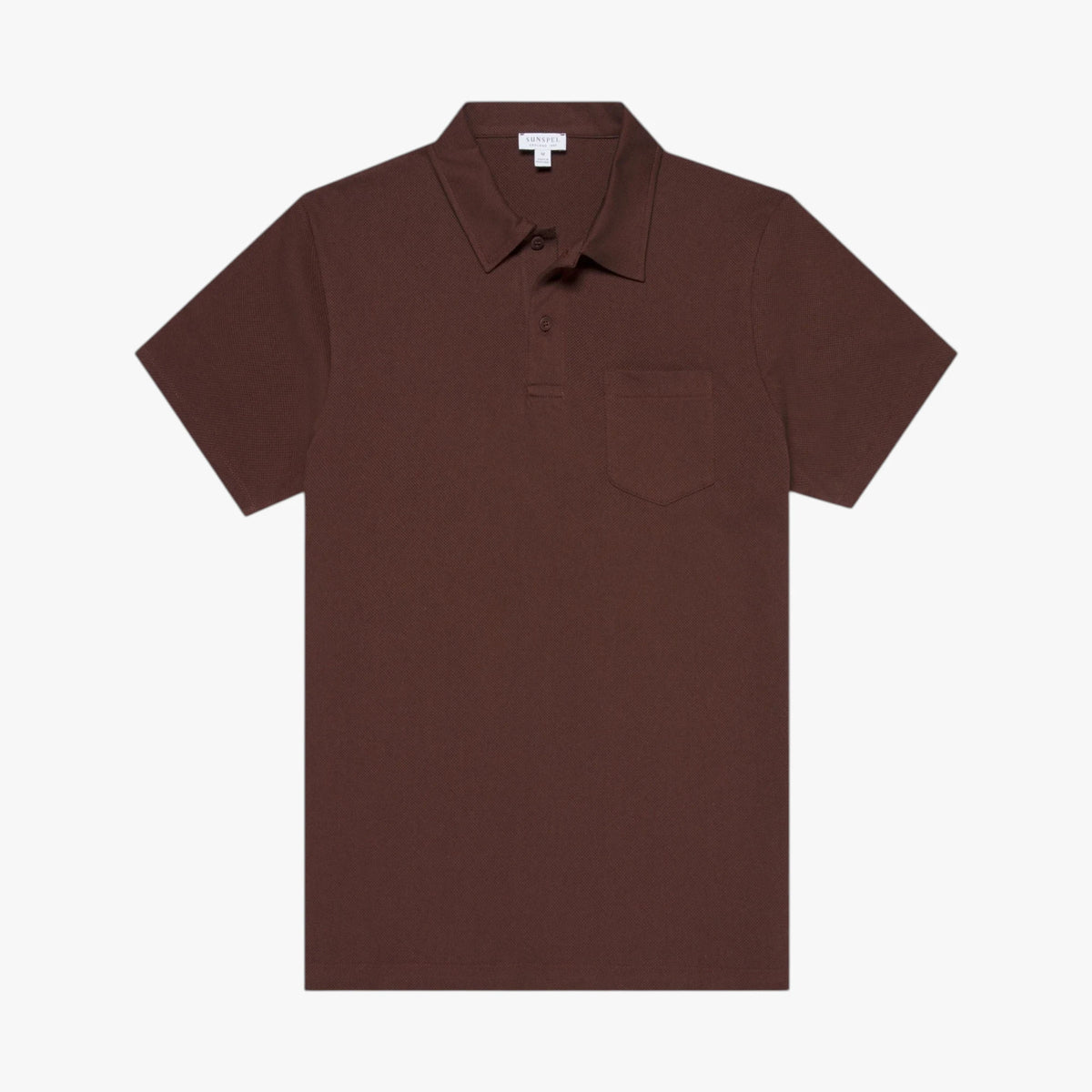 Front view of the Sunspel Riviera Polo Shirt in bakelite featuring a clean tailored silhouette and lightweight cotton mesh construction.