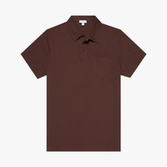 Front view of the Sunspel Riviera Polo Shirt in bakelite featuring a clean tailored silhouette and lightweight cotton mesh construction.