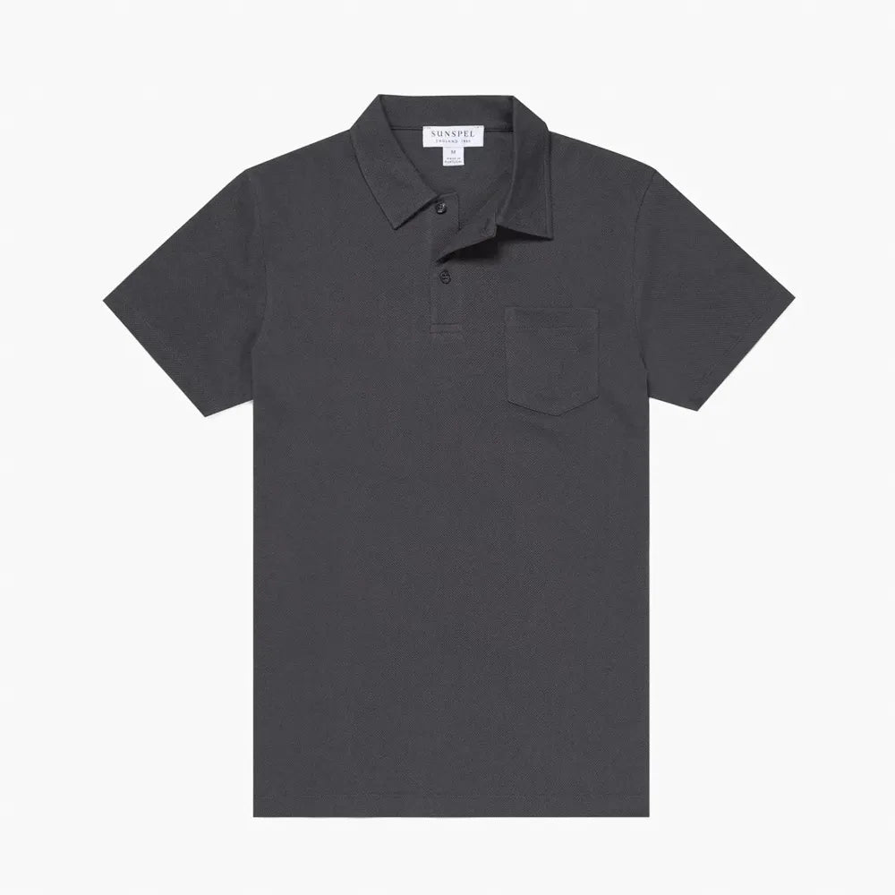 Front view of the Sunspel Riviera Polo Shirt Charcoal highlighting the clean tailored silhouette and deep charcoal tone.