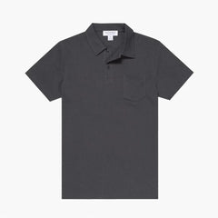 Front view of the Sunspel Riviera Polo Shirt Charcoal highlighting the clean tailored silhouette and deep charcoal tone.