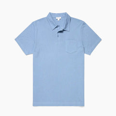 Front view of the Sunspel Riviera Polo Shirt Cornflower highlighting the clean silhouette and vibrant cornflower-blue tone.