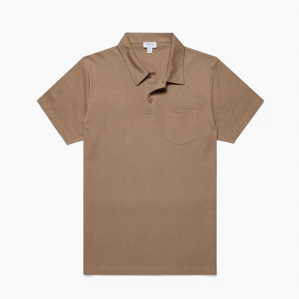 Front view of the Sunspel Riviera Polo Shirt Dune highlighting the clean tailored silhouette.
