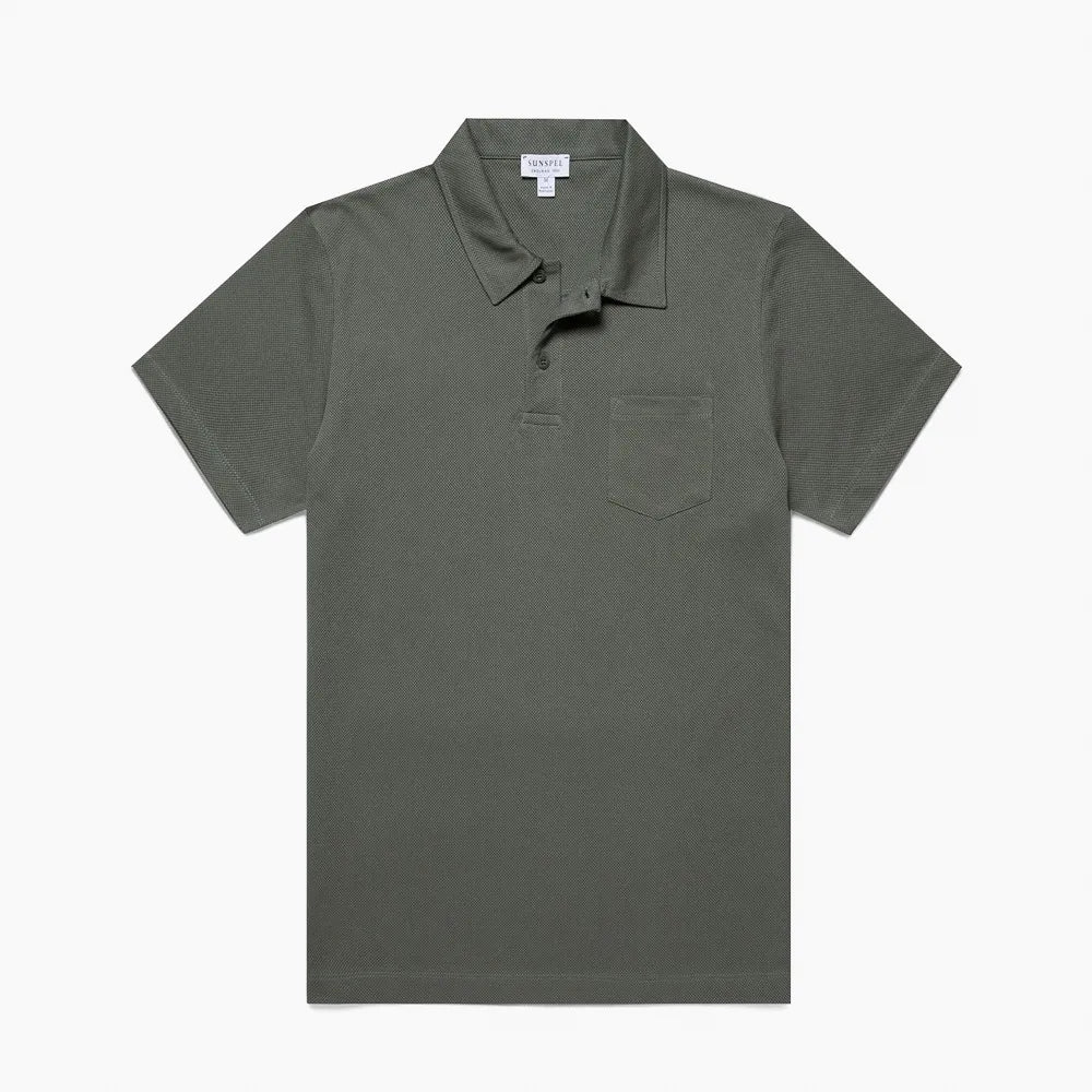 Front view of the Sunspel Riviera Polo Shirt Dusk Green highlighting its clean tailored silhouette and muted dusk-green tone.