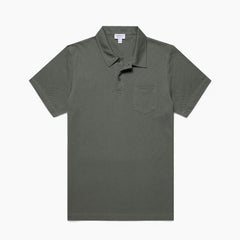 Front view of the Sunspel Riviera Polo Shirt Dusk Green highlighting its clean tailored silhouette and muted dusk-green tone.