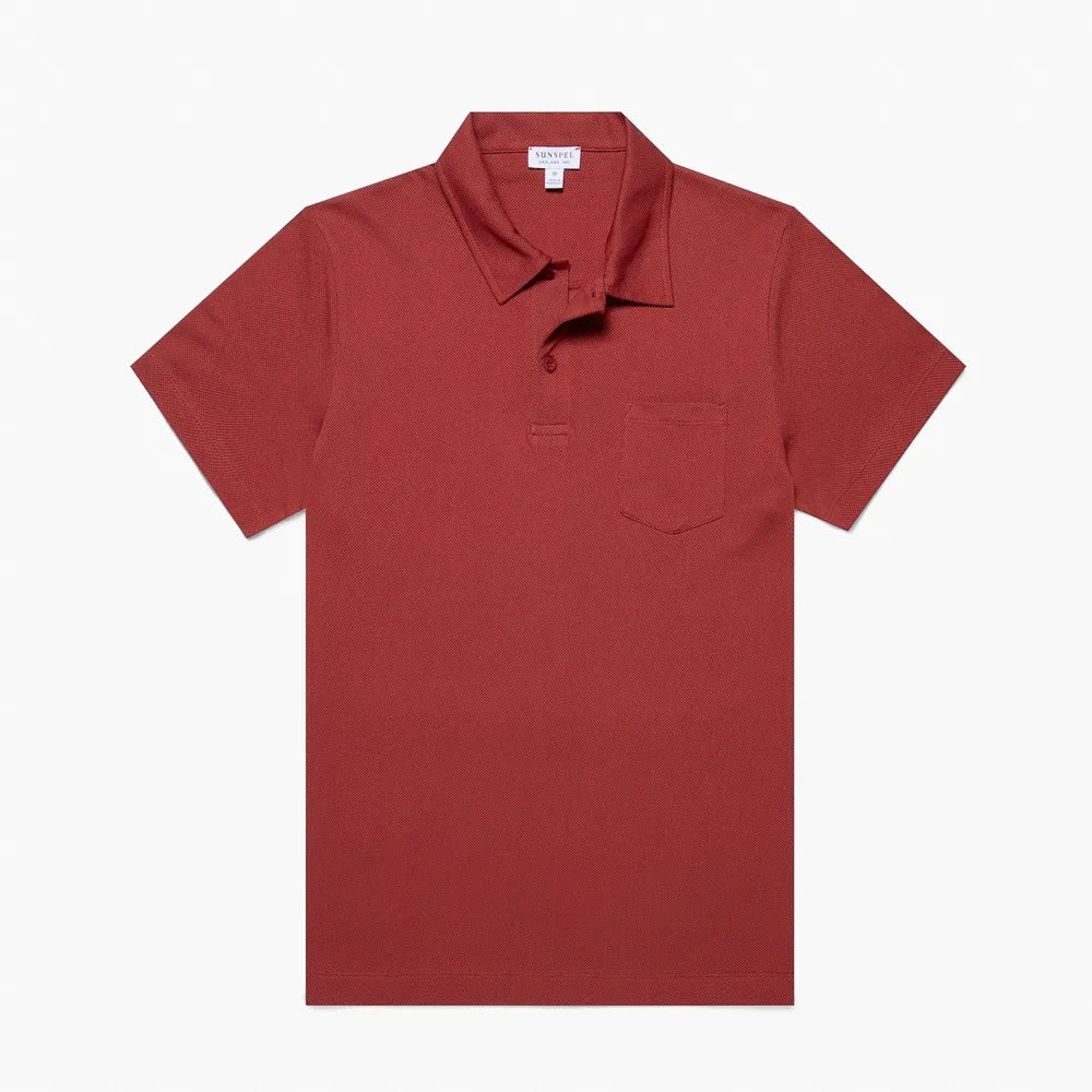 Front view of the Sunspel Riviera Polo Shirt Garnet Red highlighting the clean tailored silhouette.
