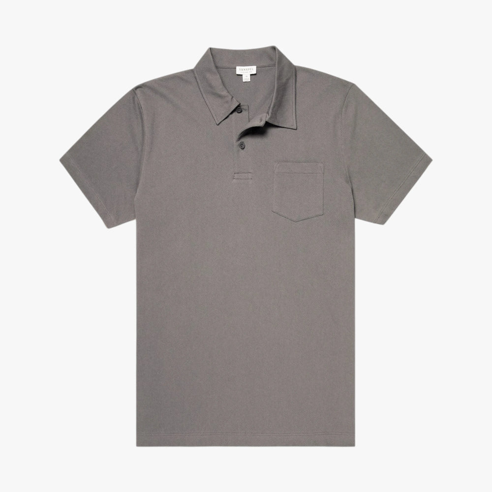 Front view of the Sunspel Riviera Polo Shirt in iron grey featuring a clean tailored silhouette and lightweight cotton mesh construction.