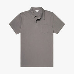 Front view of the Sunspel Riviera Polo Shirt in iron grey featuring a clean tailored silhouette and lightweight cotton mesh construction.