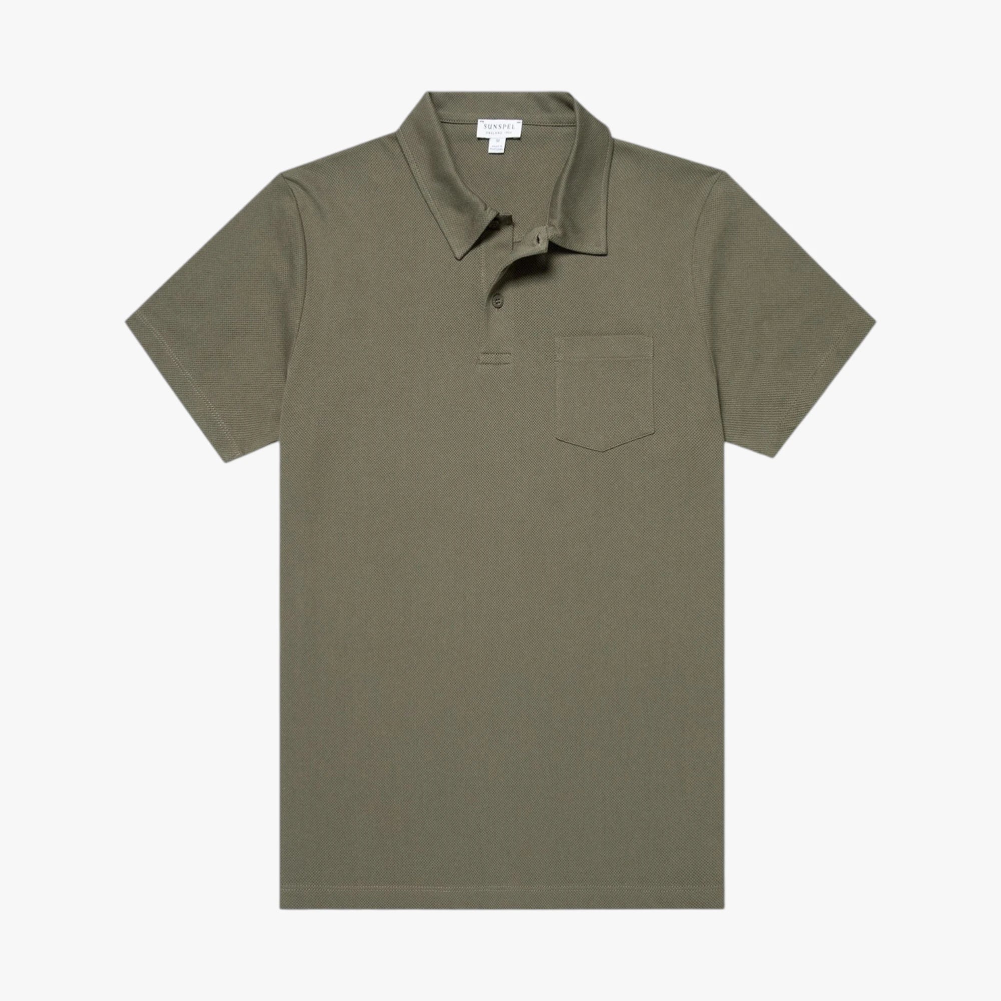 Front view of the Sunspel Riviera Polo Shirt in khaki featuring a clean tailored silhouette and lightweight cotton mesh construction.