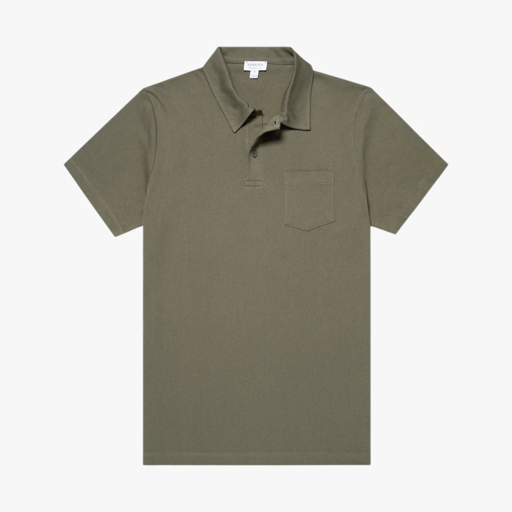 Front view of the Sunspel Riviera Polo Shirt in khaki featuring a clean tailored silhouette and lightweight cotton mesh construction.