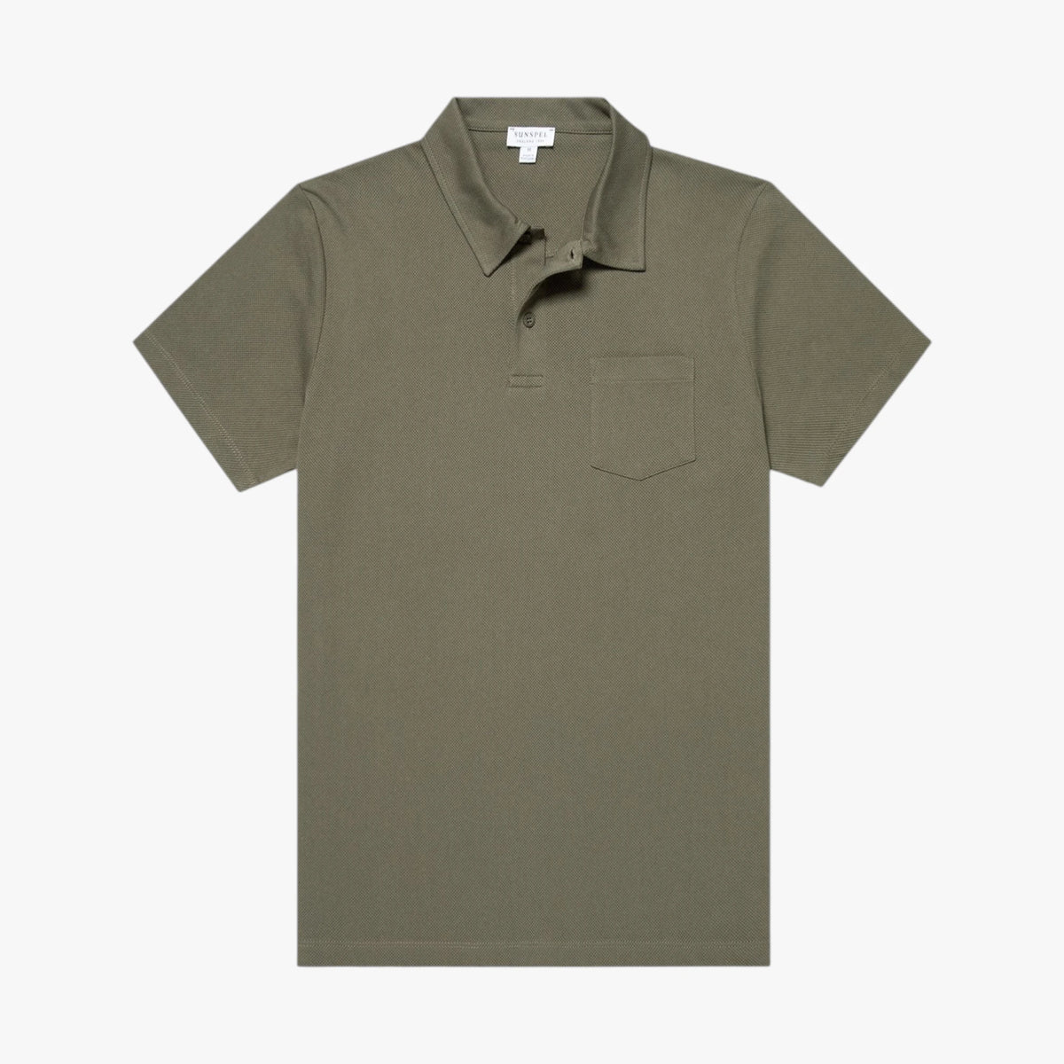 Front view of the Sunspel Riviera Polo Shirt in khaki featuring a clean tailored silhouette and lightweight cotton mesh construction.