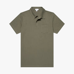 Front view of the Sunspel Riviera Polo Shirt in khaki featuring a clean tailored silhouette and lightweight cotton mesh construction.