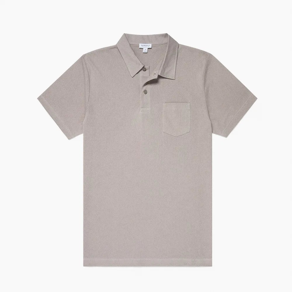 Front view of the Sunspel Riviera Polo Shirt Mid Grey highlighting the clean tailored silhouette and soft mid-grey tone.
