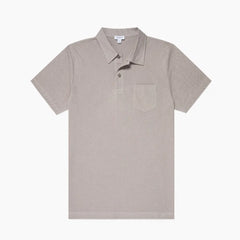 Front view of the Sunspel Riviera Polo Shirt Mid Grey highlighting the clean tailored silhouette and soft mid-grey tone.
