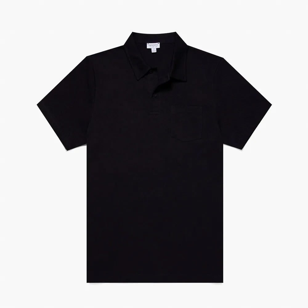 Front view of the Sunspel Riviera Polo Shirt Midnight Navy highlighting the clean tailored silhouette and deep midnight-navy tone.