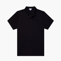 Front view of the Sunspel Riviera Polo Shirt Midnight Navy highlighting the clean tailored silhouette and deep midnight-navy tone.