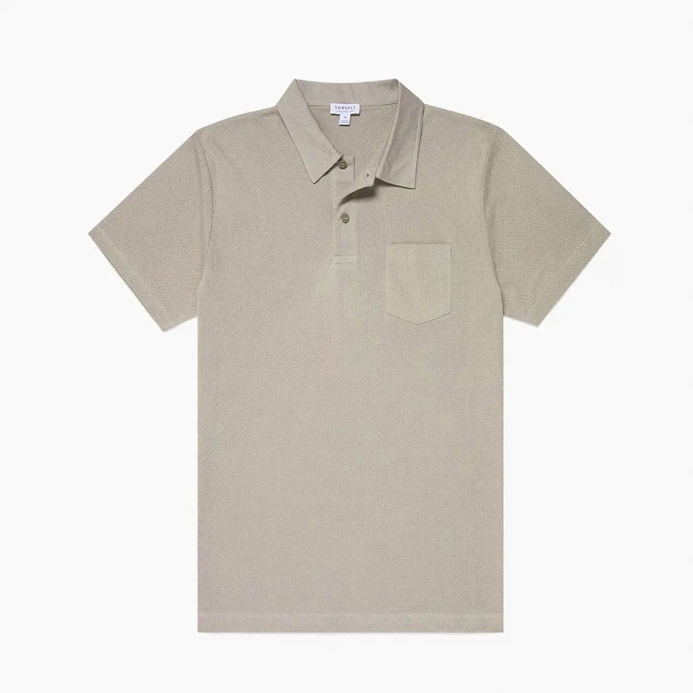 Front view of the Sunspel Riviera Polo Shirt in mink featuring a clean tailored silhouette and lightweight cotton mesh construction.