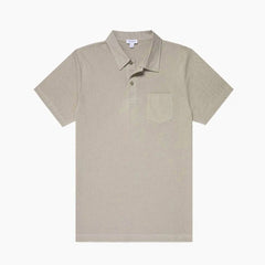 Front view of the Sunspel Riviera Polo Shirt in mink featuring a clean tailored silhouette and lightweight cotton mesh construction.