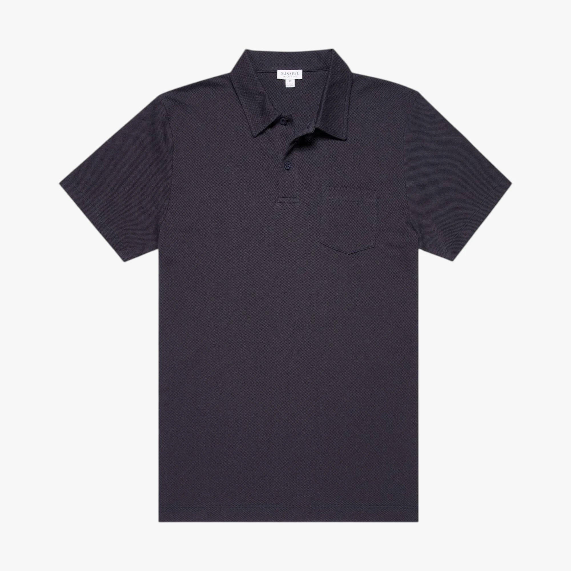 Front view of the Sunspel Riviera Polo Shirt in navy featuring a clean tailored silhouette and lightweight cotton mesh construction.