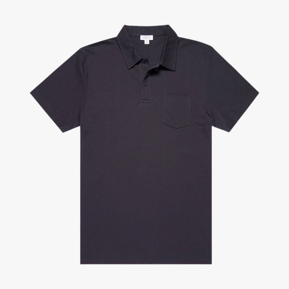 Front view of the Sunspel Riviera Polo Shirt in navy featuring a clean tailored silhouette and lightweight cotton mesh construction.