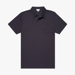 Front view of the Sunspel Riviera Polo Shirt in navy featuring a clean tailored silhouette and lightweight cotton mesh construction.