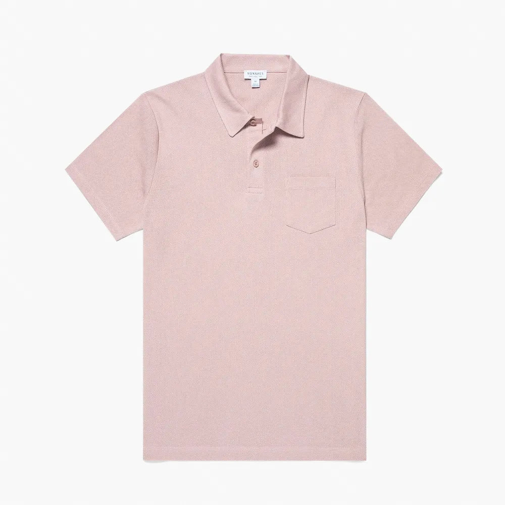 Front view of the Sunspel Riviera Polo Shirt Pale Pink highlighting the clean silhouette and soft pale-pink tone.
