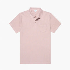 Front view of the Sunspel Riviera Polo Shirt Pale Pink highlighting the clean silhouette and soft pale-pink tone.
