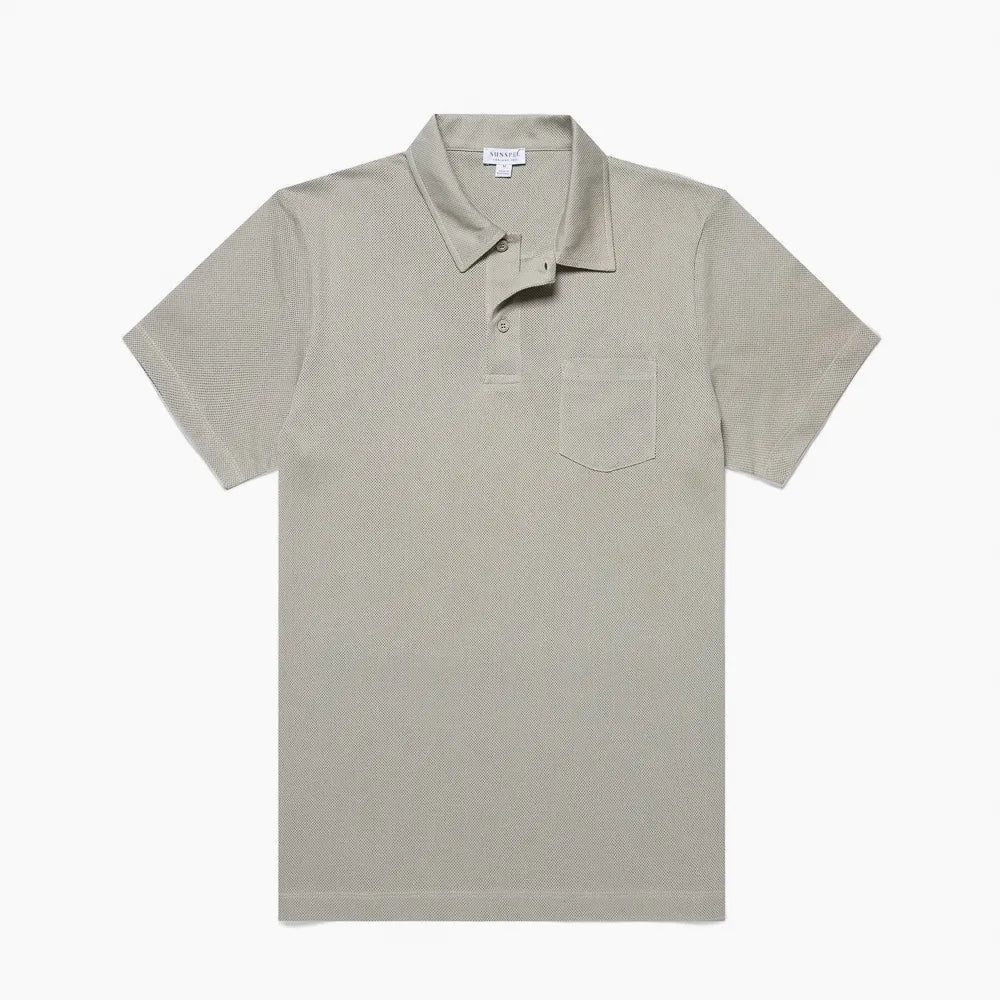 Front view of the Sunspel Riviera Polo Shirt Pastel Green highlighting the clean tailored silhouette and soft pastel tone.