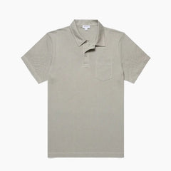 Front view of the Sunspel Riviera Polo Shirt Pastel Green highlighting the clean tailored silhouette and soft pastel tone.