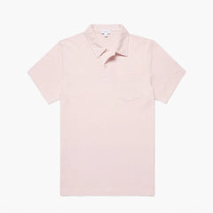 Front view of the Sunspel Riviera Polo Shirt Pastel Pink highlighting the clean silhouette and light pastel tone.
