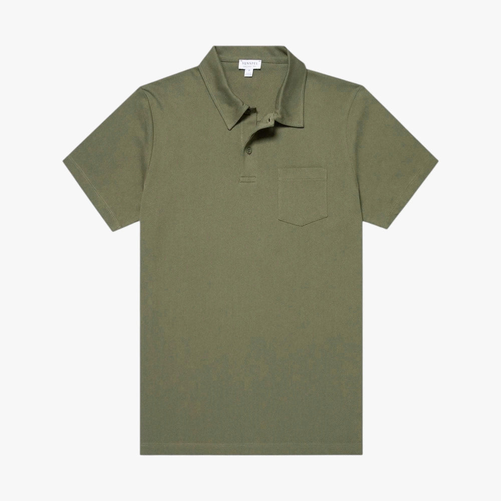 Front view of the Sunspel Riviera Polo Shirt in sea moss featuring a clean tailored silhouette and lightweight cotton mesh construction.