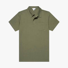 Front view of the Sunspel Riviera Polo Shirt in sea moss featuring a clean tailored silhouette and lightweight cotton mesh construction.
