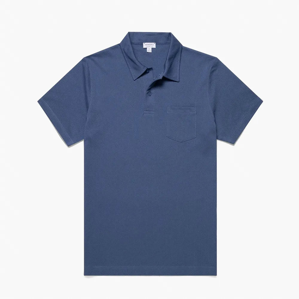 Front view of the Sunspel Riviera Polo Shirt Soft Denim highlighting the clean tailored silhouette and washed denim-inspired tone.