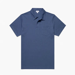 Front view of the Sunspel Riviera Polo Shirt Soft Denim highlighting the clean tailored silhouette and washed denim-inspired tone.