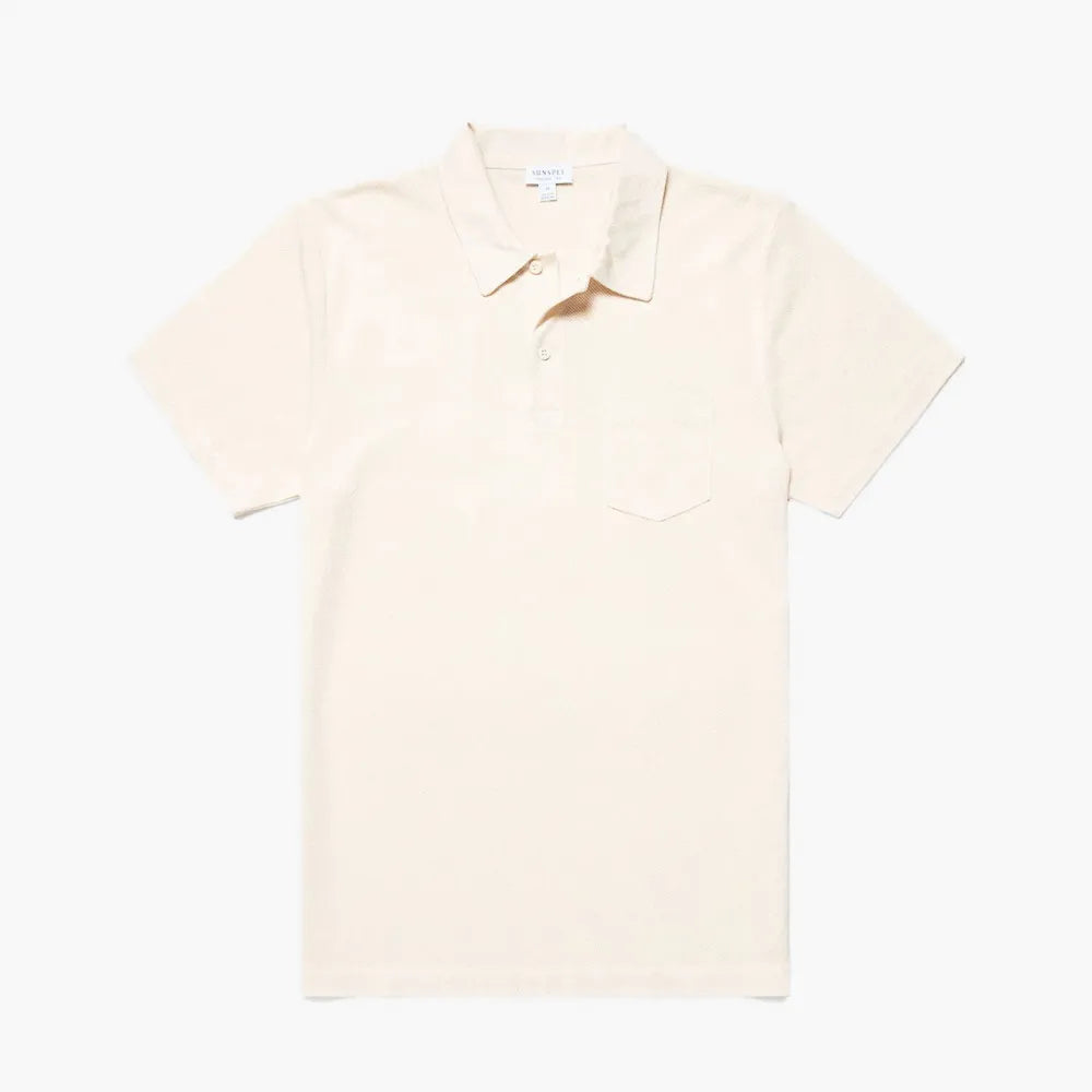 Front view of the Sunspel Riviera Polo Shirt Undyed highlighting the clean tailored silhouette and natural unbleached tone.