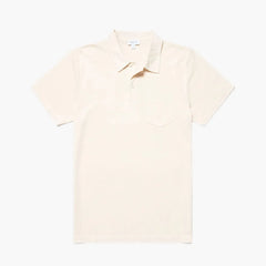 Front view of the Sunspel Riviera Polo Shirt Undyed highlighting the clean tailored silhouette and natural unbleached tone.