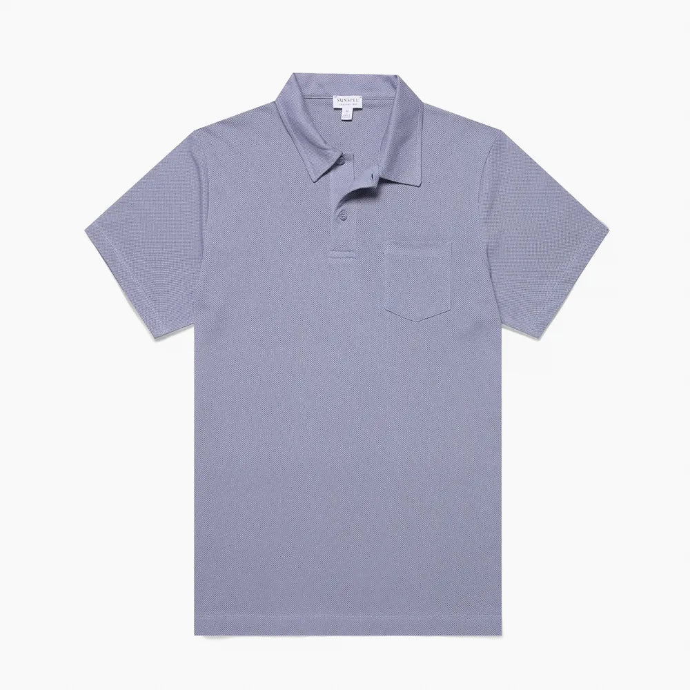 Front view of the Sunspel Riviera Polo Shirt Vintage Blue highlighting the clean tailored silhouette.
