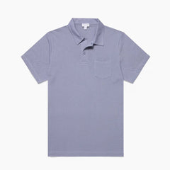 Front view of the Sunspel Riviera Polo Shirt Vintage Blue highlighting the clean tailored silhouette.
