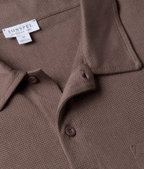 Close-up of the collar of the Sunspel Riviera Polo Shirt Walnut showing the breathable mesh cotton and refined neckline.