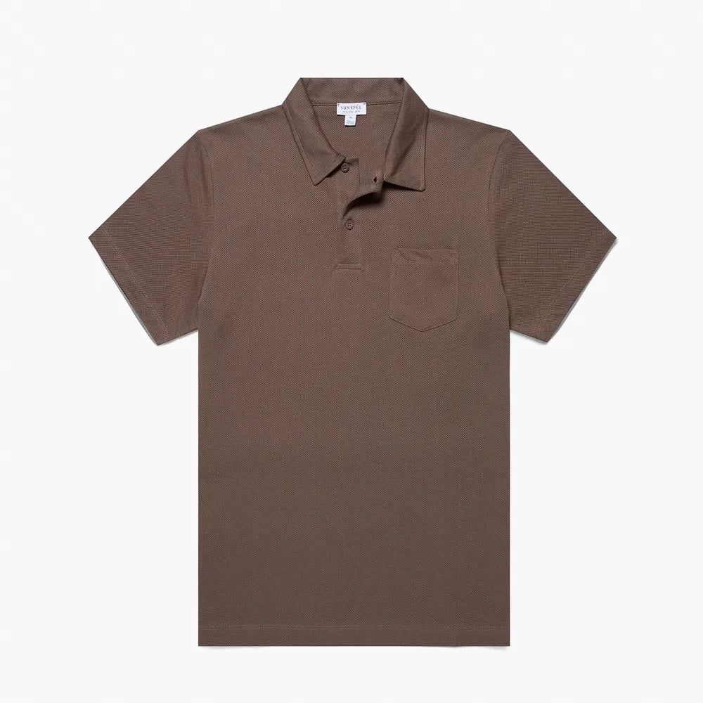 Front view of the Sunspel Riviera Polo Shirt Walnut highlighting the clean tailored silhouette and warm walnut tone.