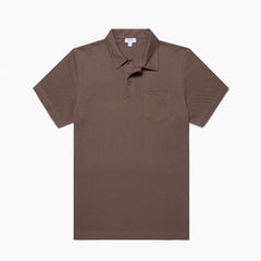 Front view of the Sunspel Riviera Polo Shirt Walnut highlighting the clean tailored silhouette and warm walnut tone.