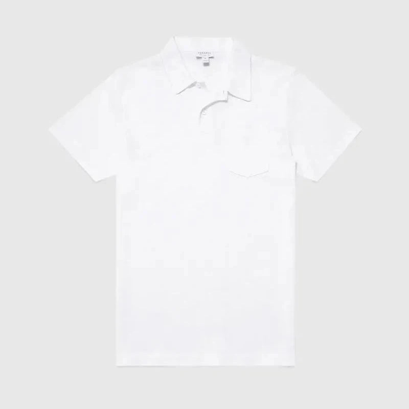 Front view of the Sunspel Riviera Polo Shirt Undyed highlighting the clean tailored silhouette and natural unbleached tone.