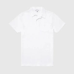 Front view of the Sunspel Riviera Polo Shirt Undyed highlighting the clean tailored silhouette and natural unbleached tone.