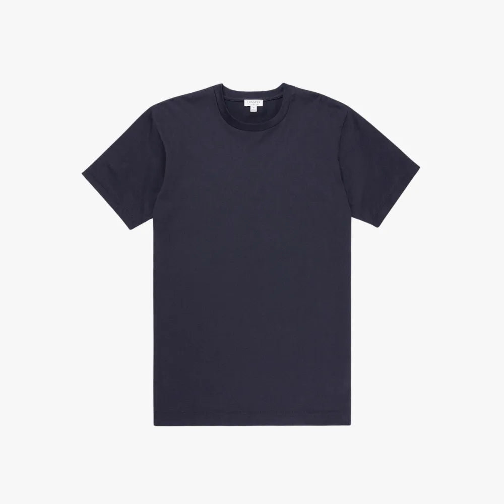 Front view of the Sunspel Riviera T-shirt Navy highlighting the clean silhouette and deep navy tone.