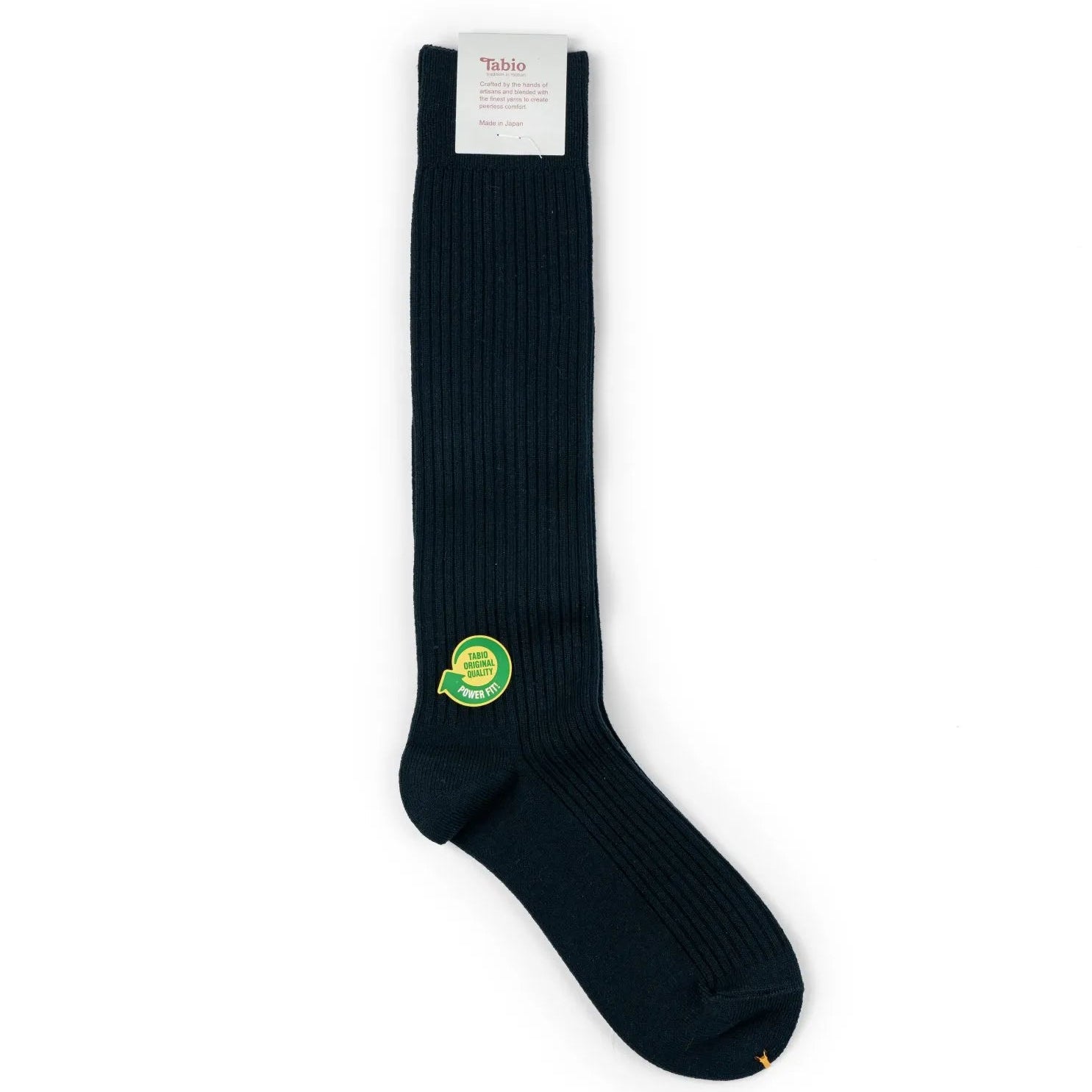 Tabio Power Rib Long Calf Socks in black, front view showing the rib-knit structure