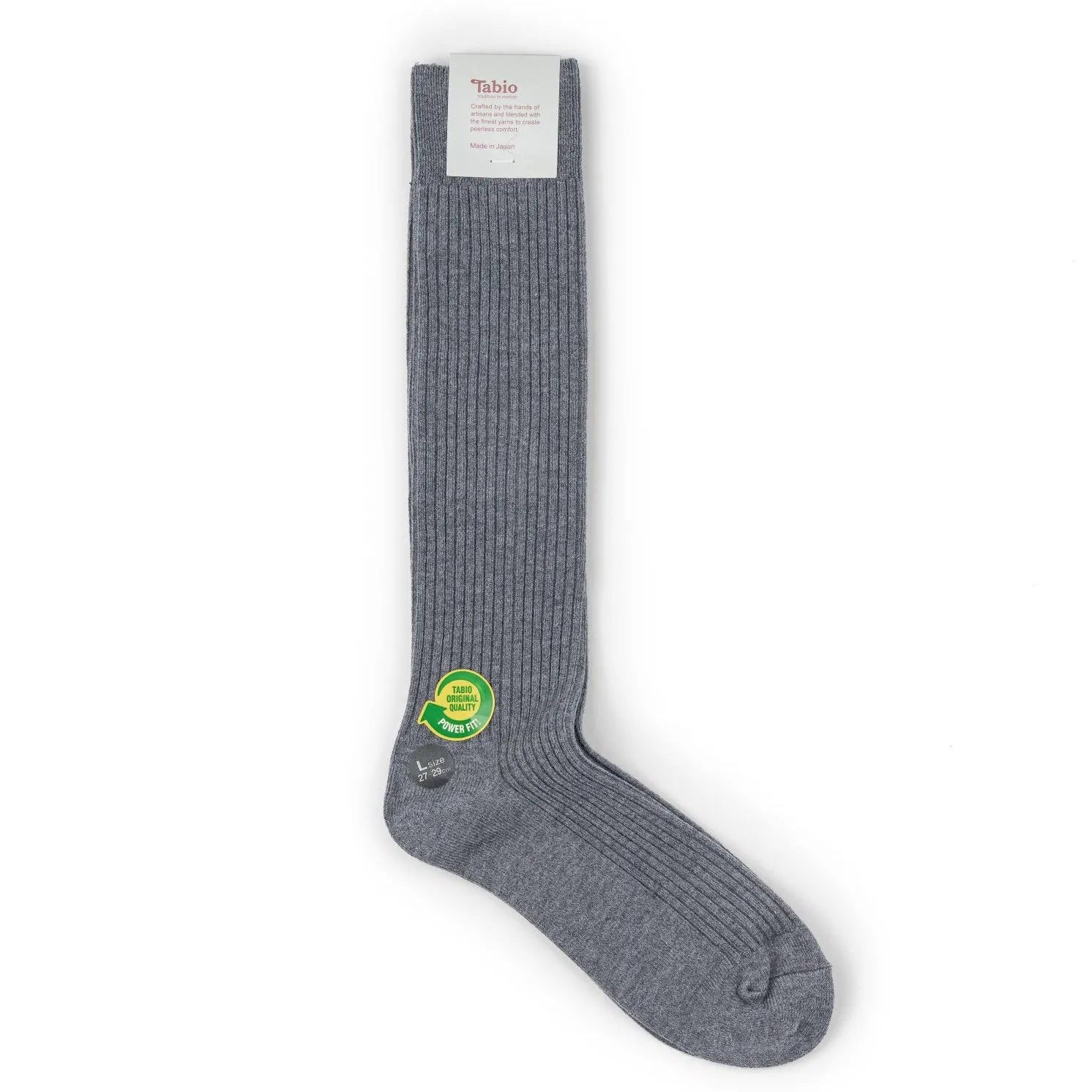Tabio Power Rib Long Calf Socks in grey, front view showing rib-knit construction