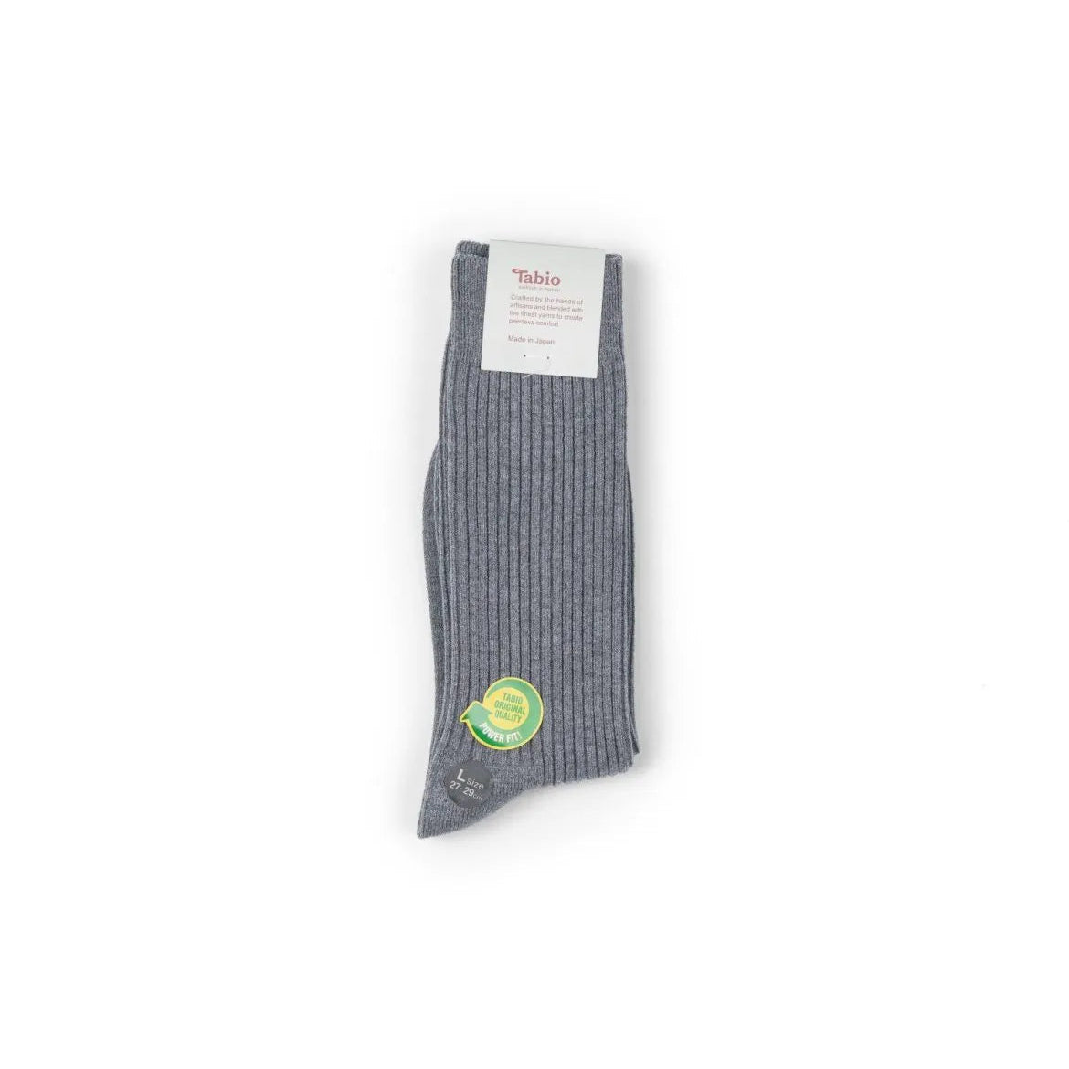 Grey Tabio Power Rib Mid Calf Socks folded to show shape and ribbed structure