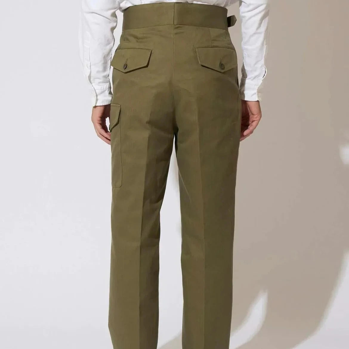Rear view of the Tangent TAN12 Arthur Military Green trousers featuring the back pockets and smooth construction.
