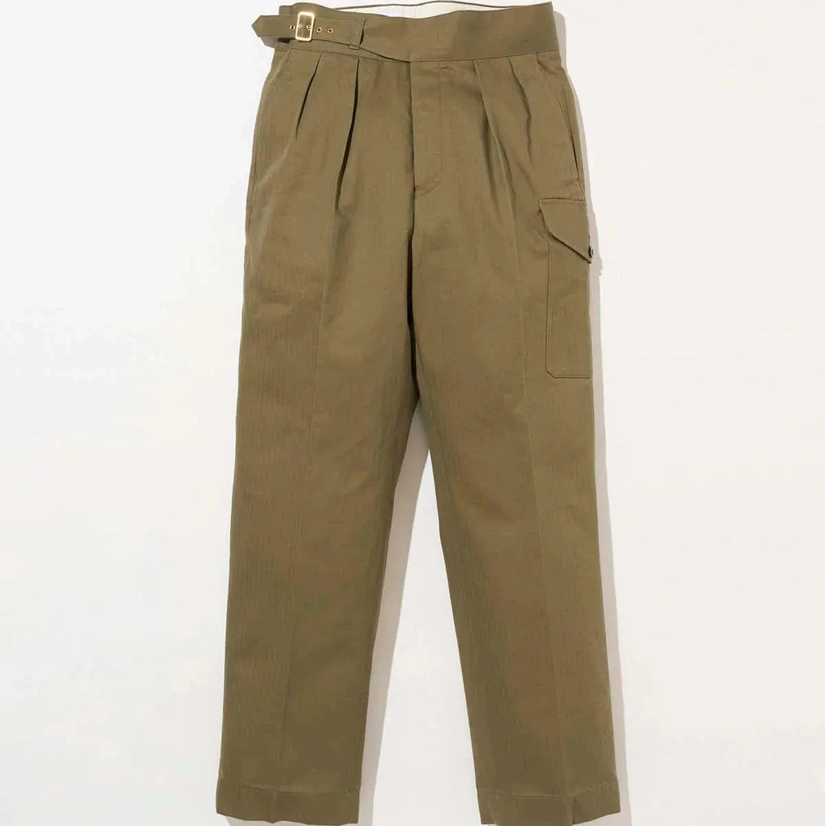 Full-length view of the Tangent TAN12 Arthur Military Green trousers, showing the structured tailored silhouette.